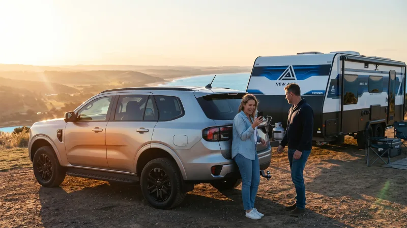 Couple relaxing outside their caravan at a powered site