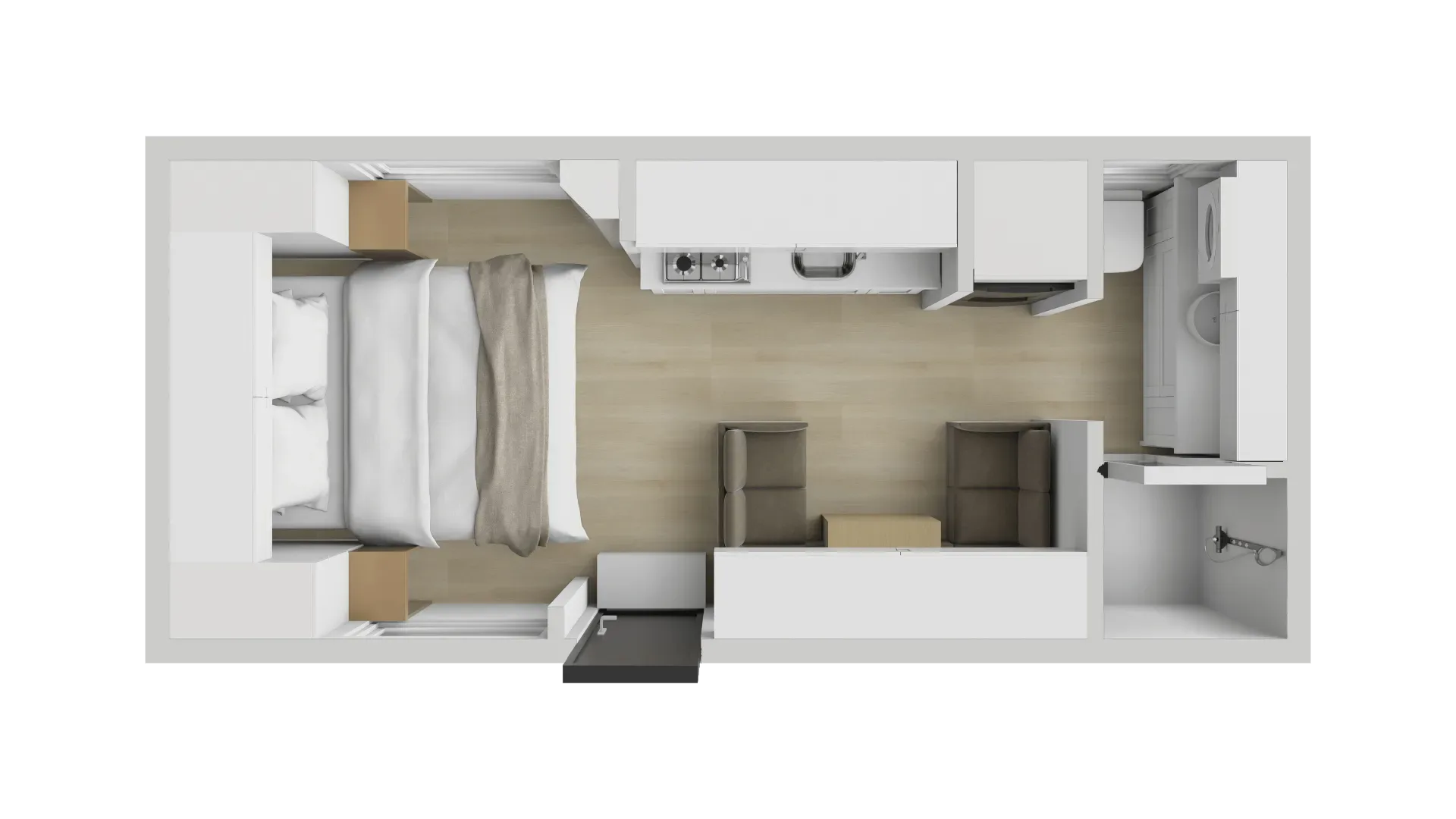 Floorplan comparison: Couples, family and full-timer layouts side by side, showing where the bed, bathroom, kitchen and lounge sit.